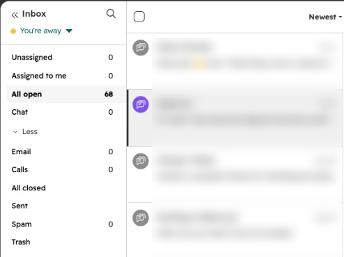 HubSpot Inbox panel showing Unassigned, Assigned to me, All open and the conversation list