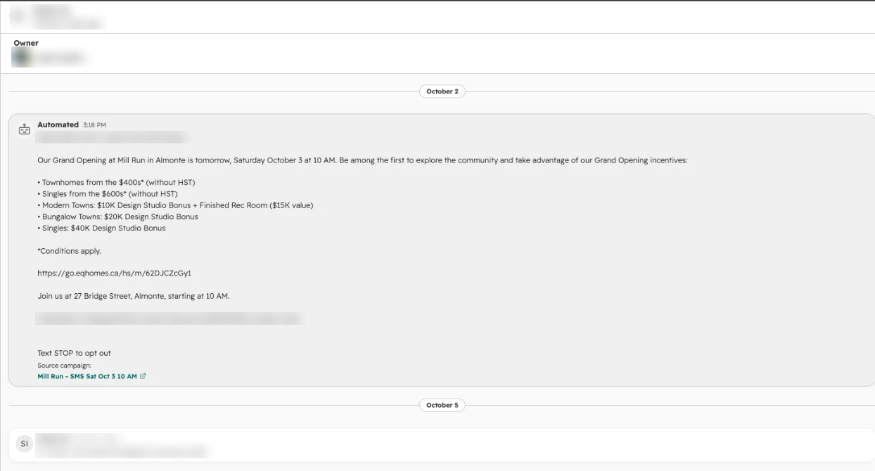 An open HubSpot SMS conversation with the Owner shown at the top and the contact's latest reply