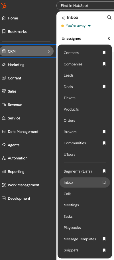 HubSpot left navigation with the CRM menu open and Inbox highlighted